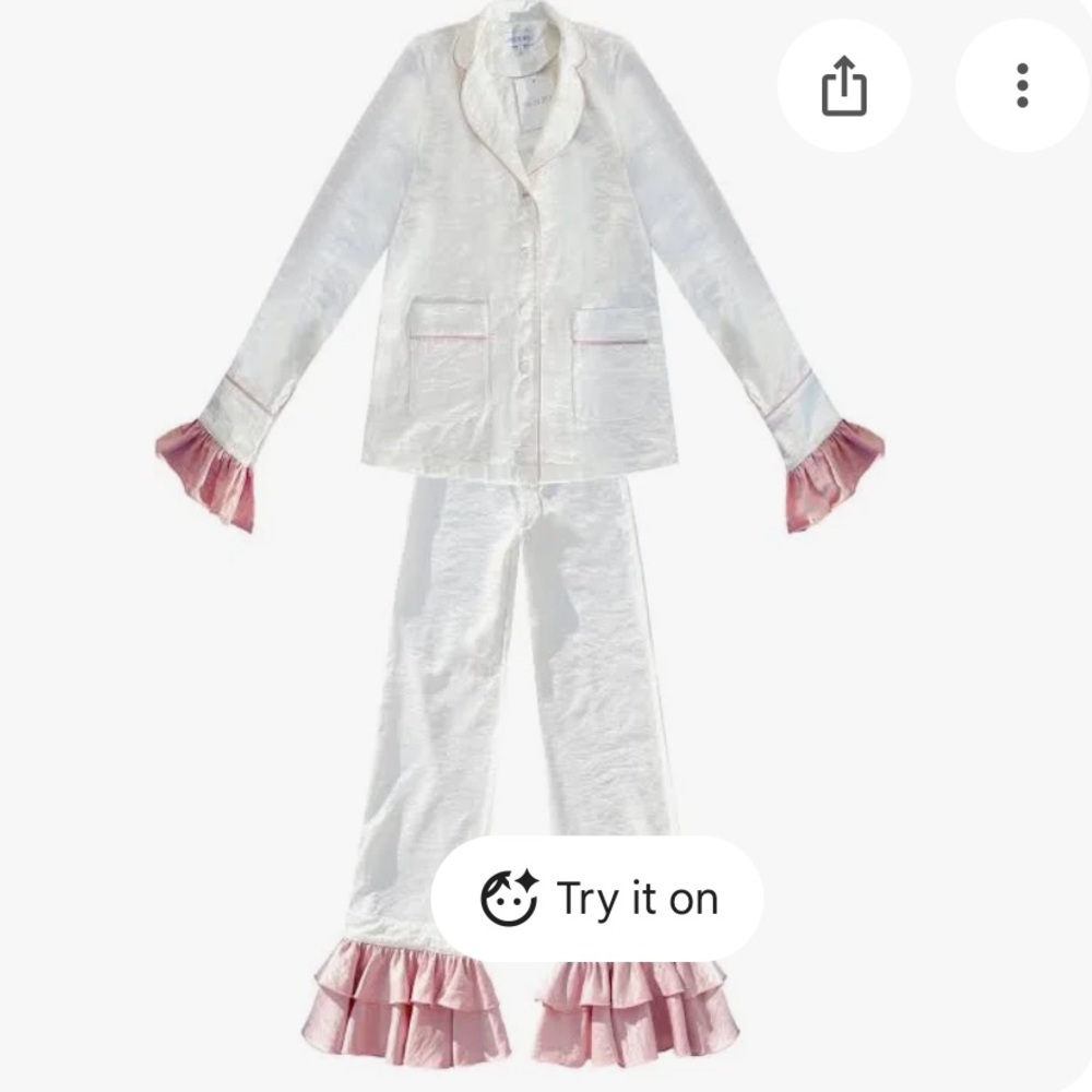 White Satin Wide Leg Pajama Pants with Pink Ruffle Trim